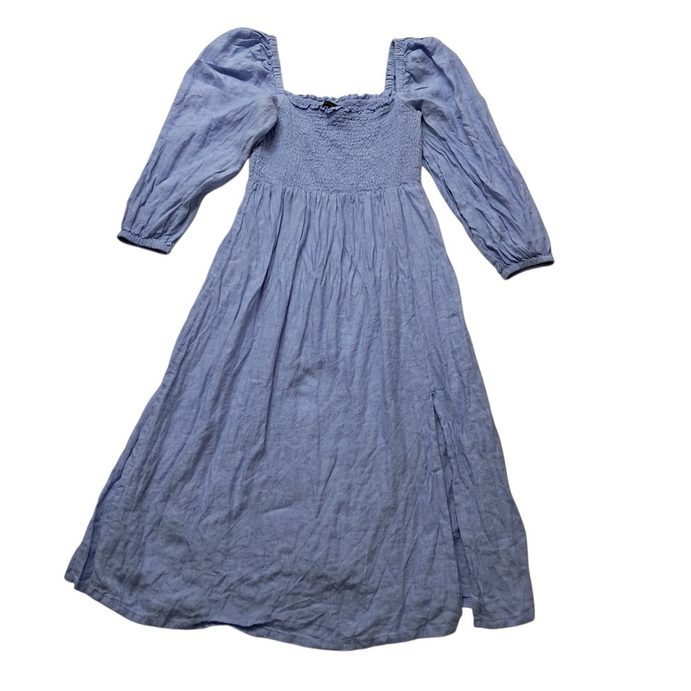 J. Crew Linen Daydream Dress Womens Medium Blue Midi Smocked Puff Sleeve Cottage